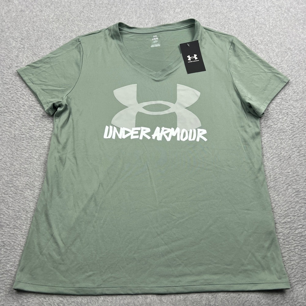 NEW Under Armour Tech Marker T-Shirt Womens Large Green Logo Solid V-Neck Loose